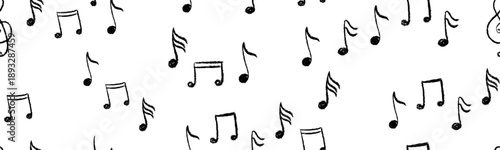 Seamless vector pattern of bold hand-drawn music notes. Black crayon melody background isolated on white. Sketchy chalk treble clefs for minimalist design, textile print, and modern wrapper.