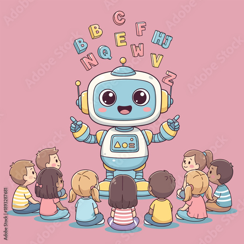 Cute Robot Teaching Alphabet to a Group of Diverse Children, Concept of AI in Early Education, STEM Learning for Kids, Future Classrooms, and Robotic Teaching Assistants Vector Illustration