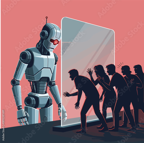 Imposing Robot with Red Eye Behind Glass Partition Shielded from Fearful People, Concept of AI Xenophobia, Technological Containment