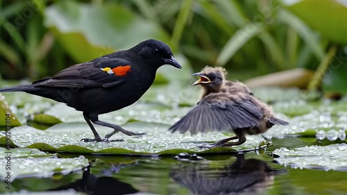 Male Redwinged Blackbird Feeds Hungry Chick on Lily Pads in Marsh with Soft Green Foliage Background and Water