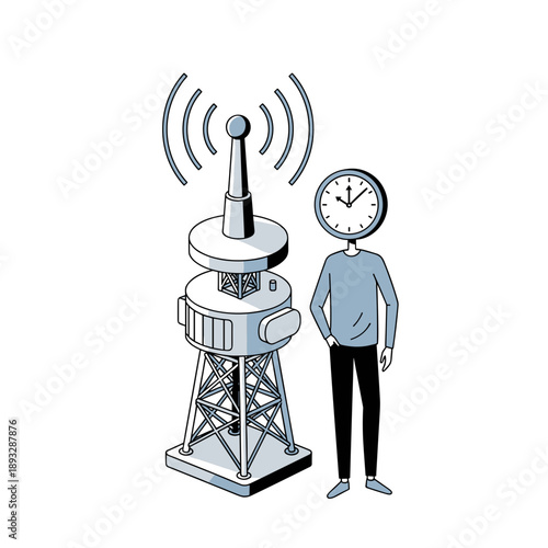 Telecom Tower And Clock Head Man Illustration