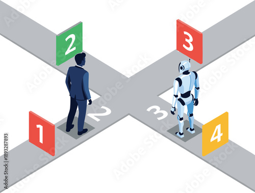 Human Professional and Robot at a Numbered Crossroads, Concept of Strategic Decision Making, AI Pathfinding, Logical Branching, and Collaborative Future Navigation Vector Illustration