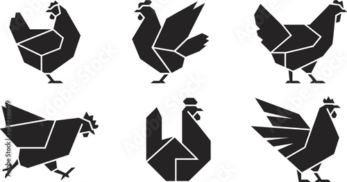 Black silhouette vector illustration set featuring various geometric stylized chickens and roosters in different poses for farm poultry organic food and agriculture branding design