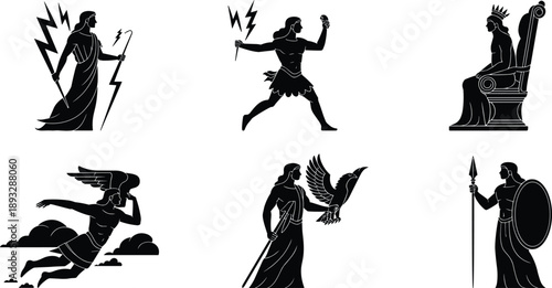 Black silhouette vector illustration set featuring Greek gods and goddesses including Zeus with lightning Hermes flying and Athena with a shield for mythological design