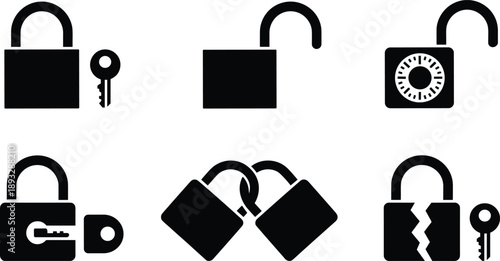 Black silhouette vector illustration set featuring various padlocks including open closed broken and combination locks with keys for security safety and protection branding design