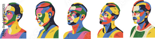 Colorful abstract male portraits collection in modern pop art style vector illustration creative diversity concept design