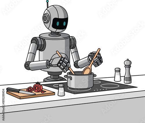 Humanoid Robot Cooking at a Modern Kitchen Stove, Concept of Smart Home Automation, Domestic Service Robotics, Automated Meal Preparation, and Future Lifestyle Vector Illustration