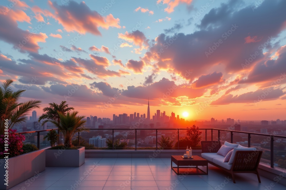 Fototapeta premium Cityscape Sunset View from Rooftop Terrace