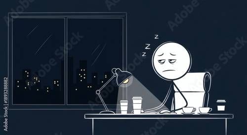 Exhausted cartoon figure burning the midnight oil, battling sleep deprivation and stress during a demanding late-night work session or intense study, surrounded by coffee