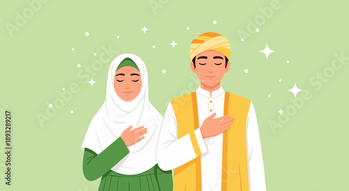 Muslim couple in traditional clothing embracing ramadan kareem.