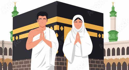 Muslim couple praying at Kaaba in Mecca ramadan kareem.