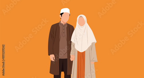 Muslim Couple Standing Together Islamic Clothing Orange Background ramadan kareem.