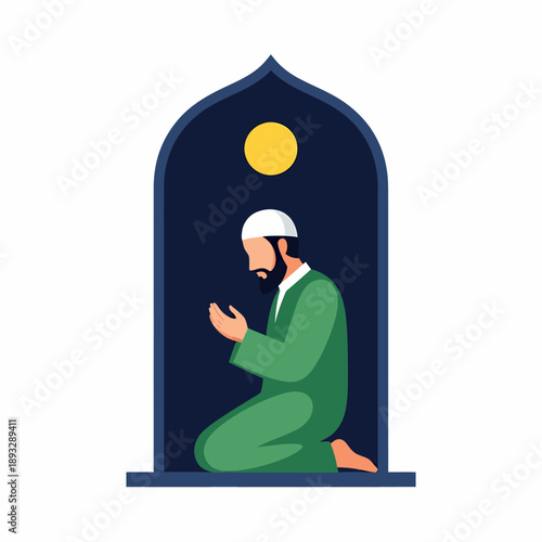 Muslim man praying in mosque niche ramadan.