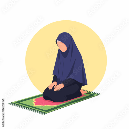 Muslim woman praying on rug Islam meditation female in hijab ramadan.