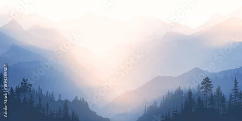 Sunrise in the mountains, misty wild gorge, vector illustration