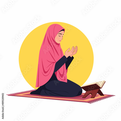 Muslim woman praying with Quran on prayer mat ramadan.
