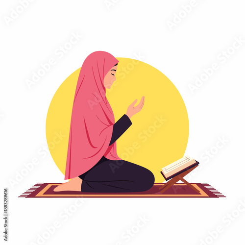 Muslim woman praying with Quran on prayer mat ramadan.