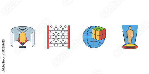 Spatial computing and mixed reality icons. VR AR vector set with headset, gestures, and eye tracking. Modern metaverse line interface collection