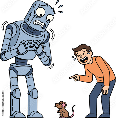 Trembling Robot Cowering in Fear of a Tiny Mouse with Laughing Man, Concept of AI Phobias, Software Bugs, Humorous Technical Glitches, and Human-Machine Irony Vector Illustration