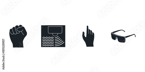 Spatial computing and mixed reality icons. VR AR vector set with headset, gestures, and eye tracking. Modern metaverse line interface collection