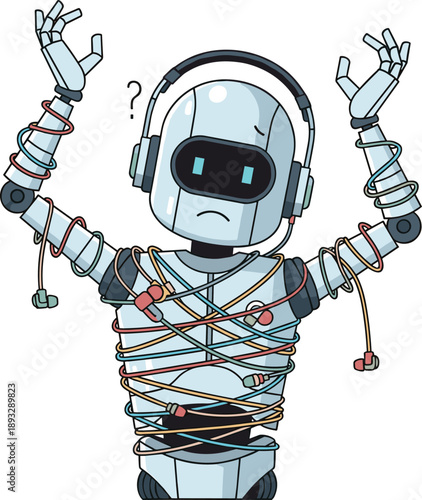 Small Robot Tangled in Colorful Wires with Worried Expression, Concept of Technical Support, Information Overload, IT Troubleshooting, and Complex Connections Vector Illustration