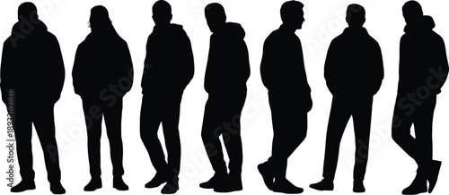 Diverse group of standing people depicted as black silhouettes on a clean white background