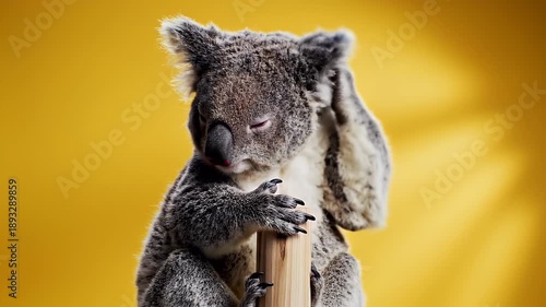 Close Up Portrait of a Fluffy Koala Clinging to a Wooden Post Against a Vibrant Yellow Studio Background with Soft