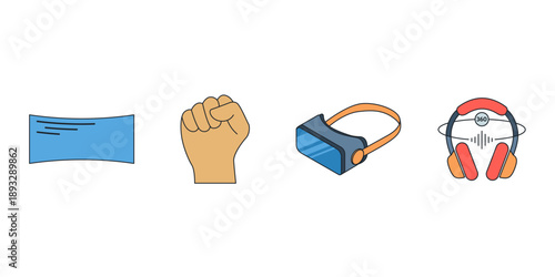 Spatial computing and mixed reality icons. VR AR vector set with headset, gestures, and eye tracking. Modern metaverse line interface collection