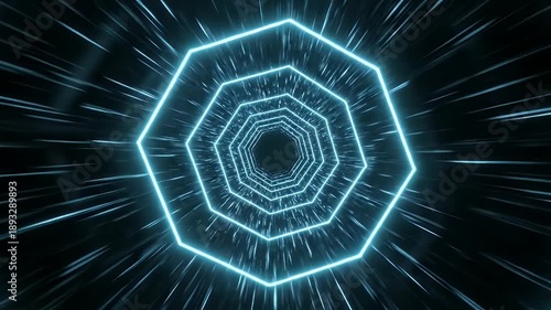 Abstract Blue Neon Octagon Tunnel Zooming Into Digital Light Particles Dark Background Motion Graphics