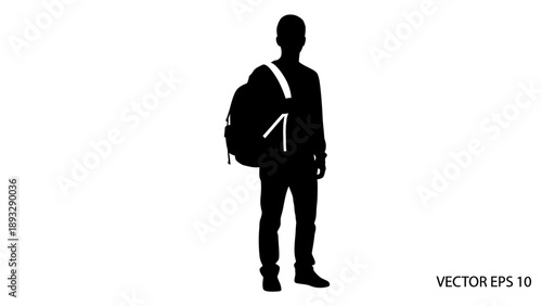 Silhouette of a young man carrying a backpack.