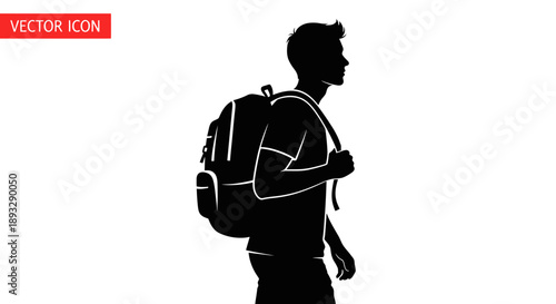Silhouette of a young man carrying a backpack on his shoulder.