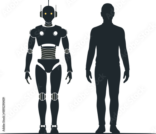 Silhouettes of a Robot and a Human Standing Side-by-Side, Concept of Human-AI Comparison, Technological Parity, Robotics vs. Humanity, and Future Evolution Vector Illustration