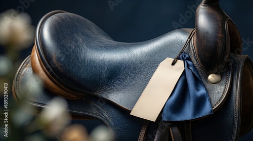 Vintage navy blue leather equestrian saddle with blank tag and ribbon
