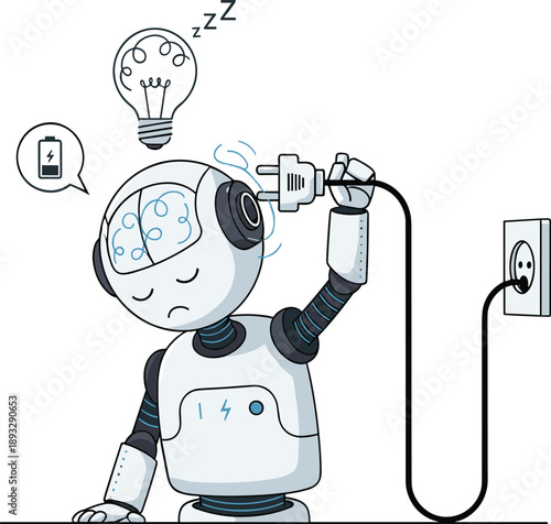 Sad Robot with Low Battery and Sleeping Lightbulb Plugging into Wall Socket, Concept of Digital Burnout, Energy Depletion, and AI System Maintenance Vector Illustration