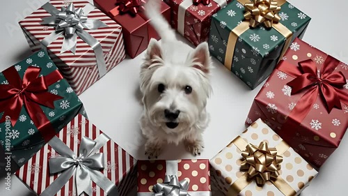 Adorable White West Highland Terrier Dog Sits Centered Surrounded by a Festive Array of Wrapped Christmas Presents on a
