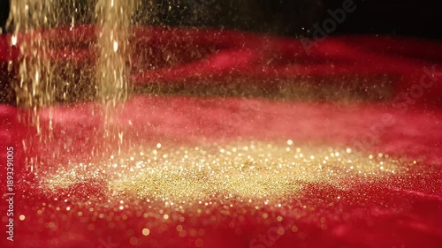 Golden Glitter Falling Onto Red Velvet Fabric in Soft Dramatic Lighting