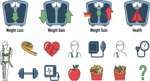 Print Comprehensive Weight Management and Health Monitoring Icon Set Featuring Weight Scales for Loss and Gain Blood Pressure Tools and Lifestyle Illustrations