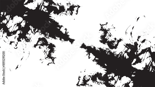 Abstract black ink splatter in dynamic motion on white background with high contrast for graphic design