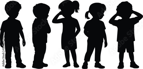 Children Silhouette Set of Kids Standing in Different Poses Isolated on White Background