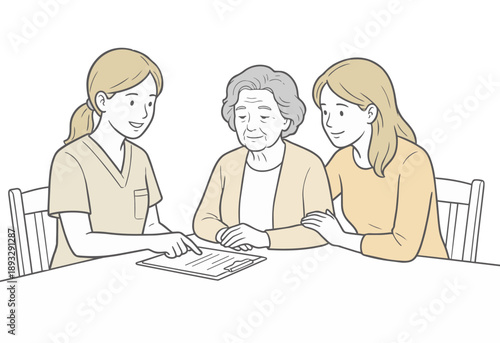 介護サービスの説明・相談を受ける高齢者と家族のベクターイラスト