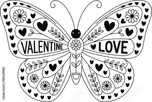 Charming butterfly with 'valentine' and 'love' text, decorated with hearts and flowers