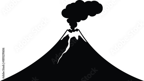 Volcano eruption with smoke and lava flow isolated as a black silhouette on a white background