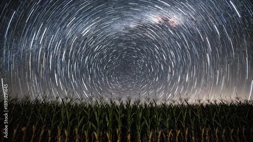Vast Starry Night Sky Over Green Cornfield with Milky Way and Circular Star Trails Across Dark Horizon