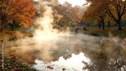 Golden Autumn Morning Mist Over Tranquil River Surrounded By Vibrant Orange Trees And Fallen Leaves
