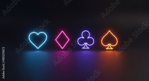 Glowing neon outlines of heart, diamond, club, spade suits on dark surface