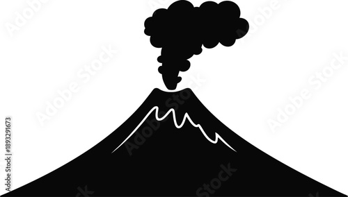 Erupting Volcano Silhouette with Smoke and Lava Isolated on White Background