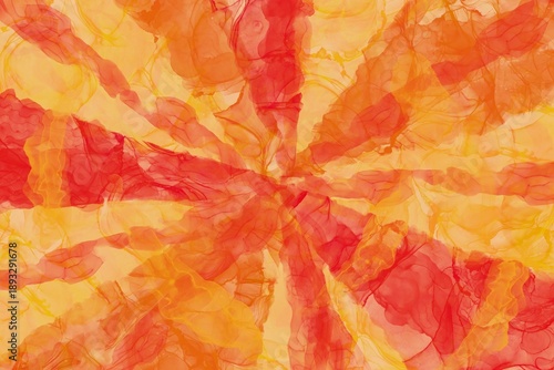 アルコールインクアートの赤・オレンジ・黄色の放射状の抽象背景バナー。熱や炎や太陽や温かさのコンセプト