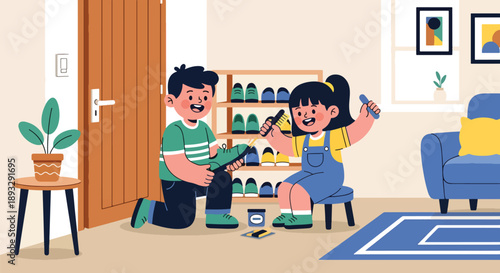 Young siblings polishing shoes together near the entrance, modern flat vector illustrating cooperation and responsible personal habits