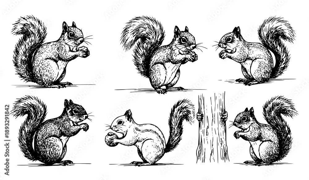 Foto Hand drawn squirrel sketch vector set