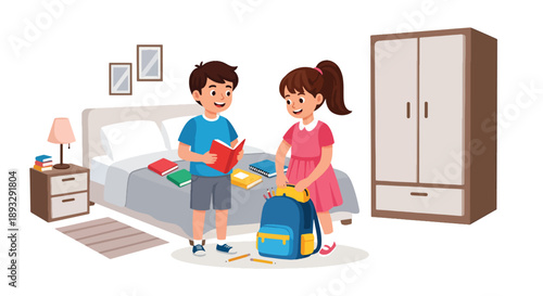 Young siblings preparing school bags together, modern flat vector promoting cooperation, organization, and learning discipline